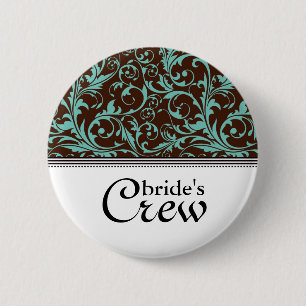 Blue Brown Swirl Bride's Crew Button
