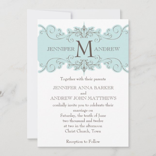 Blue Brown Swirl Monogram Wedding Invitations (Front)