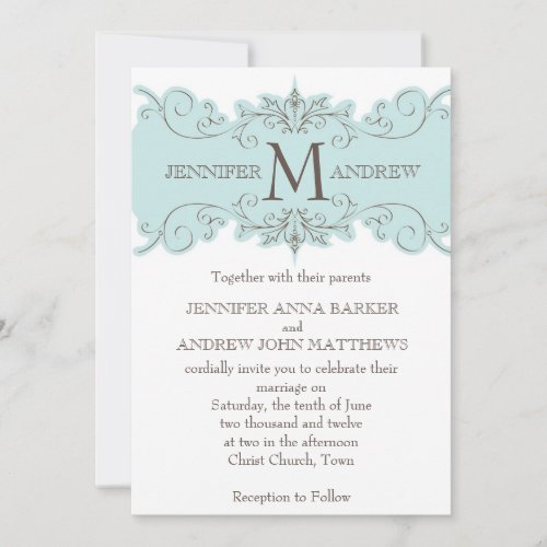 Blue Brown Swirl Monogram Wedding Invitations