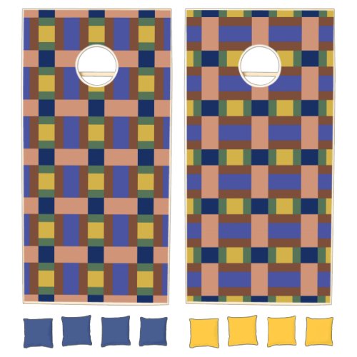 Blue Brown Tan Green Yellow Color Block Print Cornhole Set