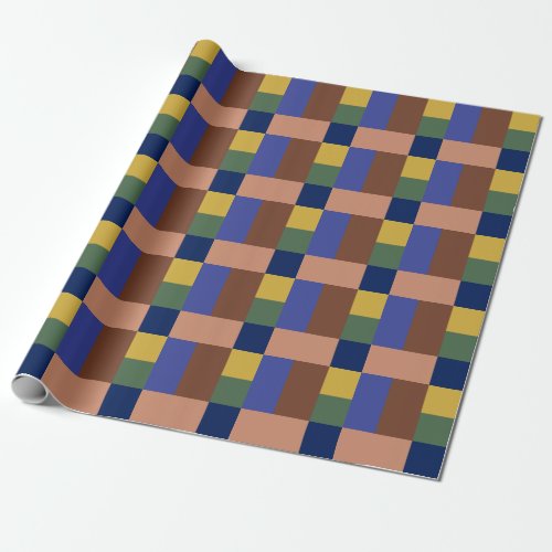 Blue Brown Tan Green Yellow Color Block Print Wrapping Paper