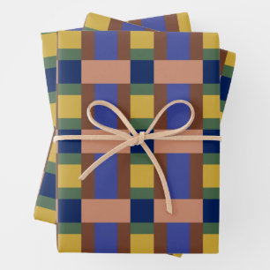 Blue Brown Tan Green Yellow Color Block Print Wrapping Paper Sheets
