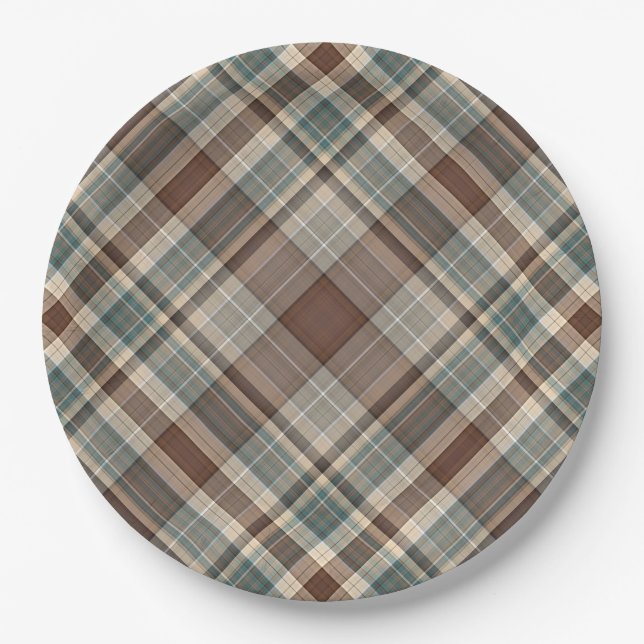 Blue brown tartan check paper plates (Front)