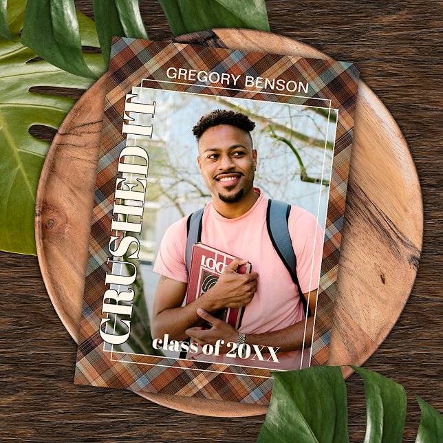Blue Brown Tartan Plaid Graduation Announcement Postcard (Creator Uploaded)