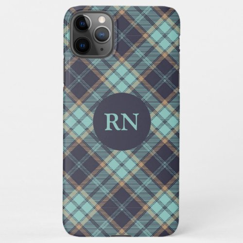 Blue Brown Tartan Plaid Pattern With Name Initials iPhone 11Pro Max Case