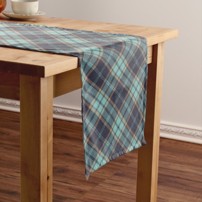 Blue Brown Tartan Plaid Rustic Argyle Pattern Long Table Runner (In Situ)
