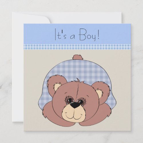 Blue Brown Teddy Bear Baby Boy Shower Personalized Announcements