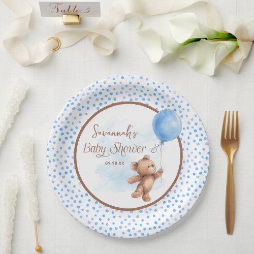 Blue Brown Teddy Bear Baby Shower Paper Plate