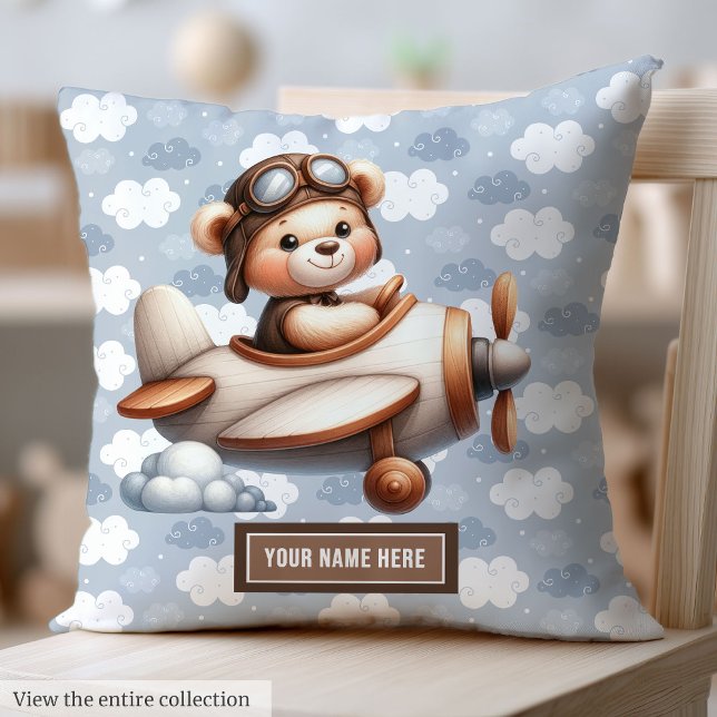 Blue Brown Teddy Bear Baby Shower Personalized Throw Pillow (Blue Brown Teddy Bear Baby Shower Personalized Throw Pillow)
