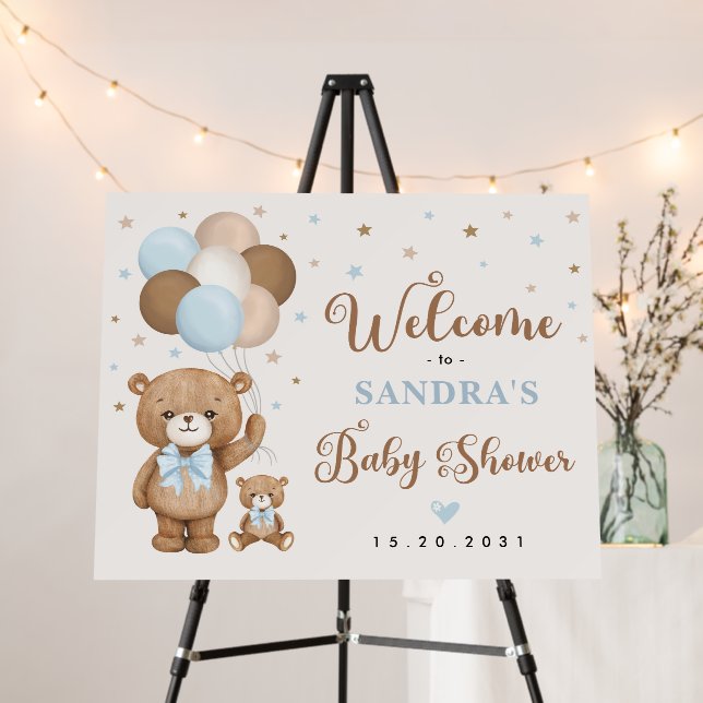 Blue Brown Teddy Bear Balloon Welcome Baby Boy Foam Board (In Situ (Stand))