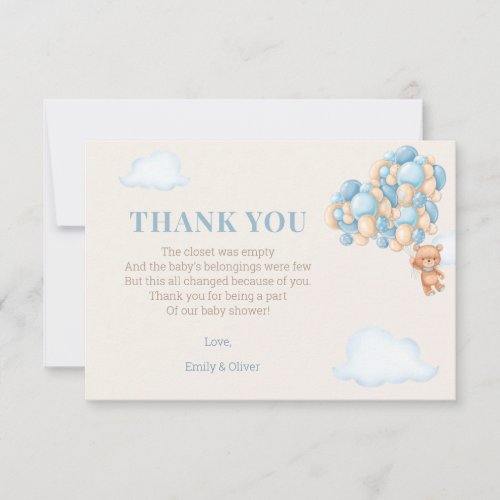 Blue Brown Teddy Bear Balloons Baby Shower Thank You Card