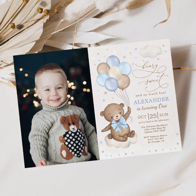 Blue Brown Teddy Bear Balloons Birthday Boy Photo Invitation | Zazzle