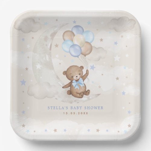 Blue Brown Teddy Bear Balloons Moon Stars Baby Boy Paper Plates