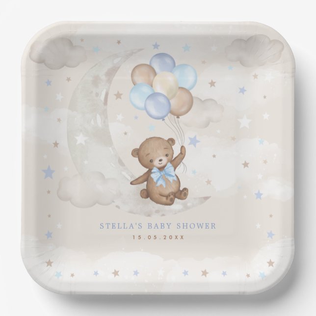 Blue Brown Teddy Bear Balloons Moon Stars Baby Boy Paper Plates (Front)