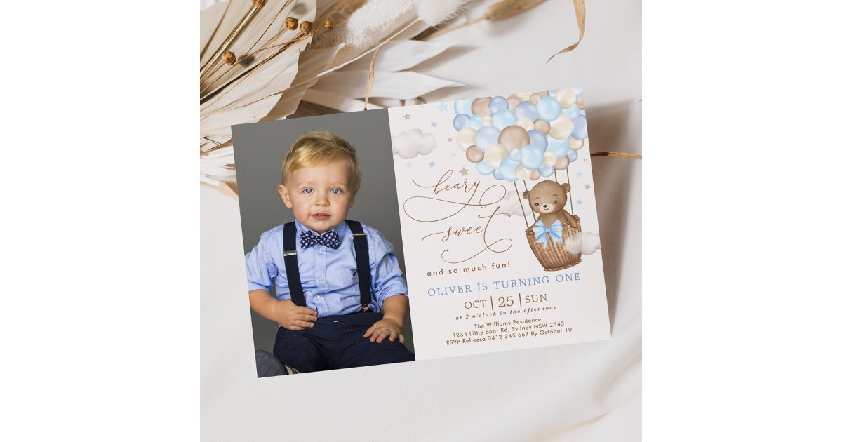 Blue Brown Teddy Bear Hot Air Balloon 1st Birthday Invitation | Zazzle