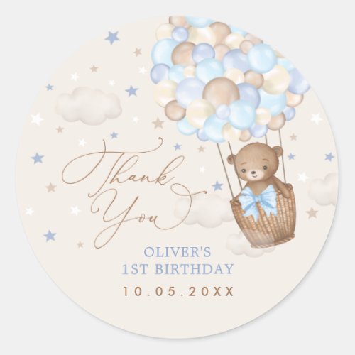 Blue Brown Teddy Bear Hot Air Balloon Birthday Boy Classic Round Sticker