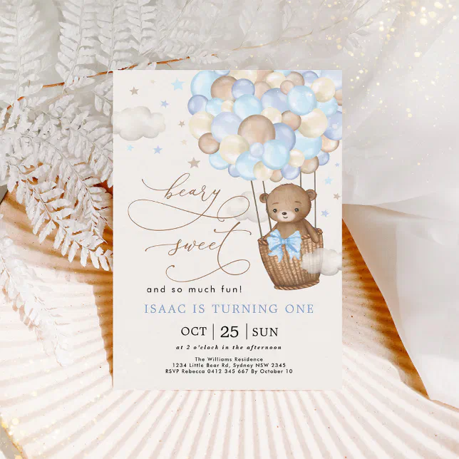 Blue Brown Teddy Bear Hot Air Balloon Boy Birthday Invitation | Zazzle