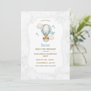 Blue Brown Teddy Bear Hot Air Balloon Boy Invitation
