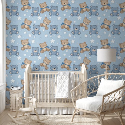 Blue Brown Teddy Bear Stars Pattern Baby Nursery Wallpaper