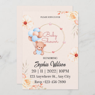 Blue Brown Teddy Bear with Balloons Baby Shower Invitation