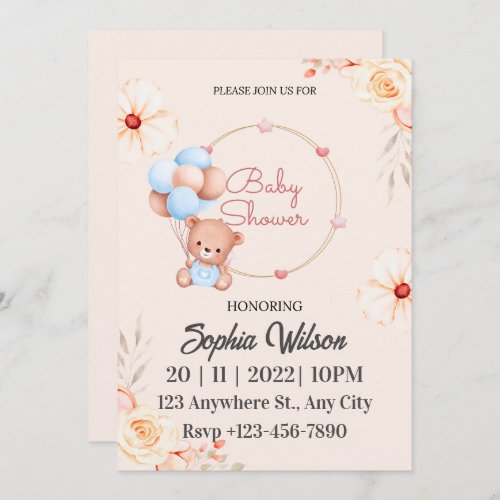  Blue Brown Teddy Bear with Balloons Baby Shower Invitation