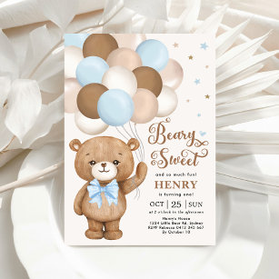 Blue Brown Teddy Bear with Balloons Boy Birthday I Invitation