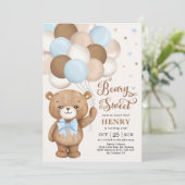 Blue Brown Teddy Bear with Balloons Boy Birthday I Invitation (Standing Front)