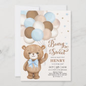 Blue Brown Teddy Bear with Balloons Boy Birthday I Invitation (Front)