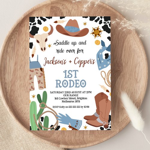 Blue Brown Twin Boys First Rodeo 1st Birthday  Invitation