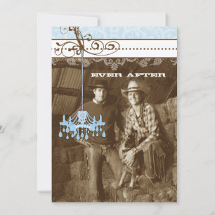Blue Brown Vintage Chandelier Damask Photo Wedding Invitation