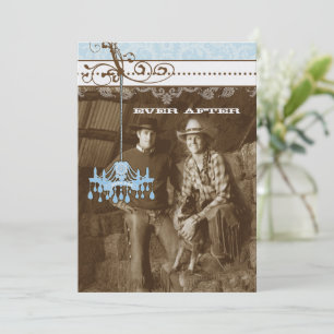 Blue Brown Vintage Chandelier Damask Photo Wedding Invitation