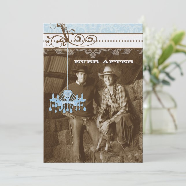 Blue Brown Vintage Chandelier Damask Photo Wedding Invitation (Standing Front)