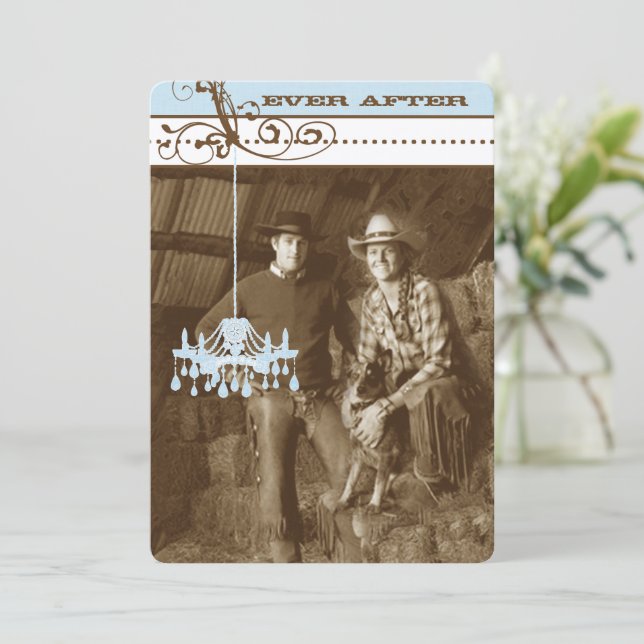 Blue & Brown Vintage Chandelier  Damask Your Photo Invitation (Standing Front)