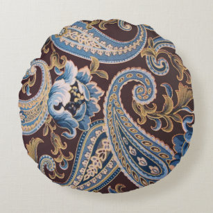 Blue Brown Vintage Paisley New Round Pillow