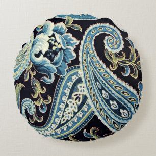Blue Brown Vintage Paisley Round Pillow