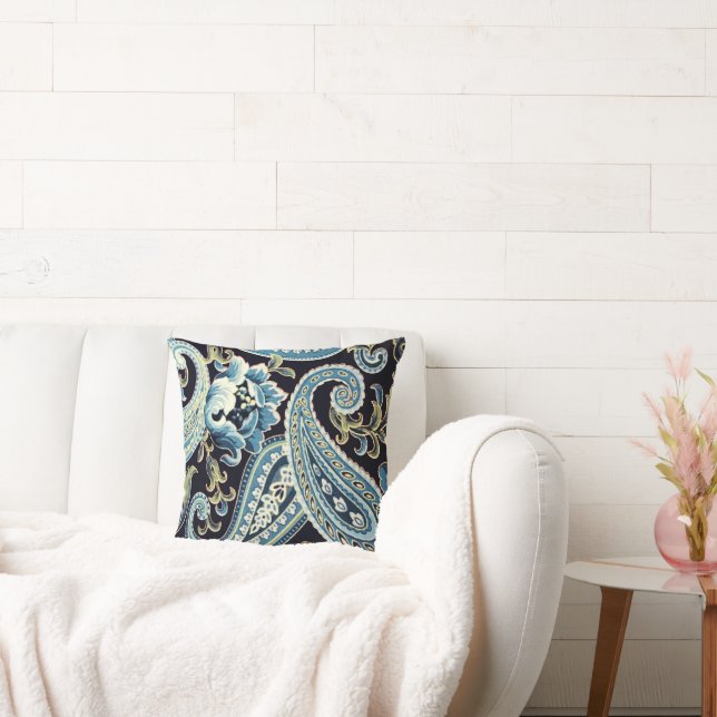 Blue Brown Vintage Paisley Throw Pillow (Couch)