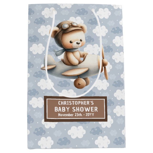 Blue Brown Watercolor Bear Baby Shower Favor Bag (Front)