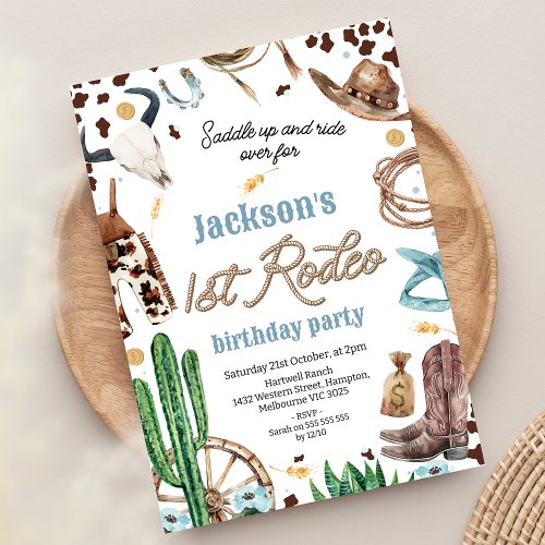 Blue Brown Western First Rodeo 1st Birthday Invitation