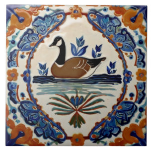 Blue Brown White Goose European Folk Bird Art Ceramic Tile