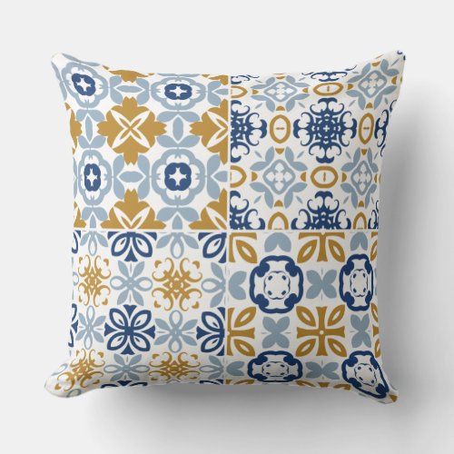 Blue brown white Portuguese tile pattern Throw Pillow