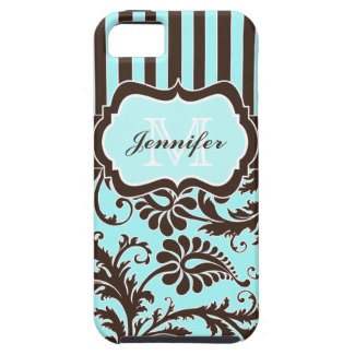 Blue, Brown, White Striped Damask iPhone 5 Case