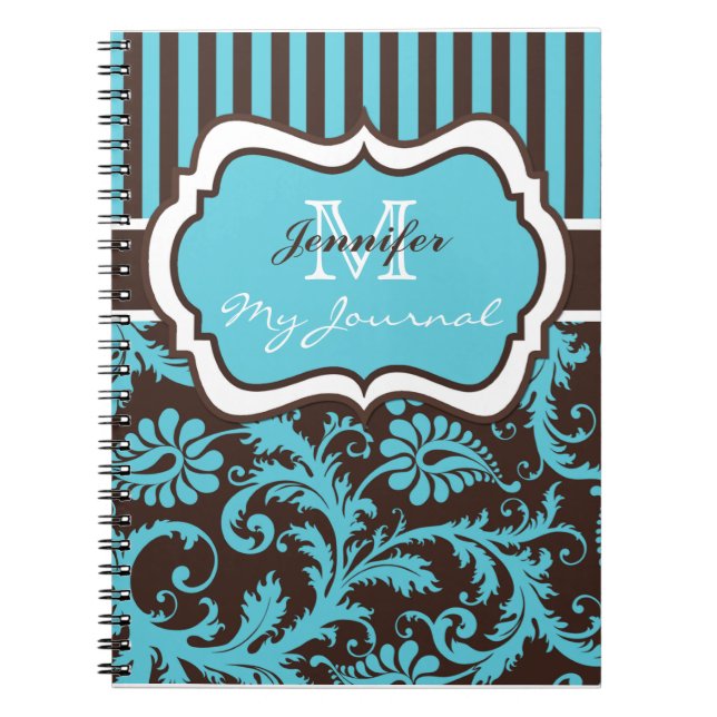 Blue Brown White Striped Damask Journal Notebook (Front)