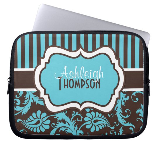 Blue Brown White Striped Damask Laptop Sleeve