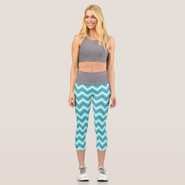 Blue Brown White Zig Zag Lines Geometric Sea Waves Capri Leggings (Front)