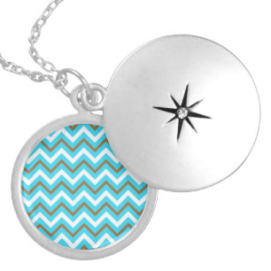 Blue Brown White Zig Zag Lines Geometric Sea Waves Locket Necklace