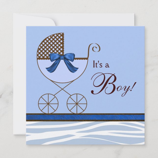 Blue Brown Zebra Baby Boy Shower Invitations (Front)