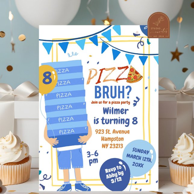 Blue Bruh You In Pizza and Balloon Birthday Boy Invitation (Creator Uploaded)
