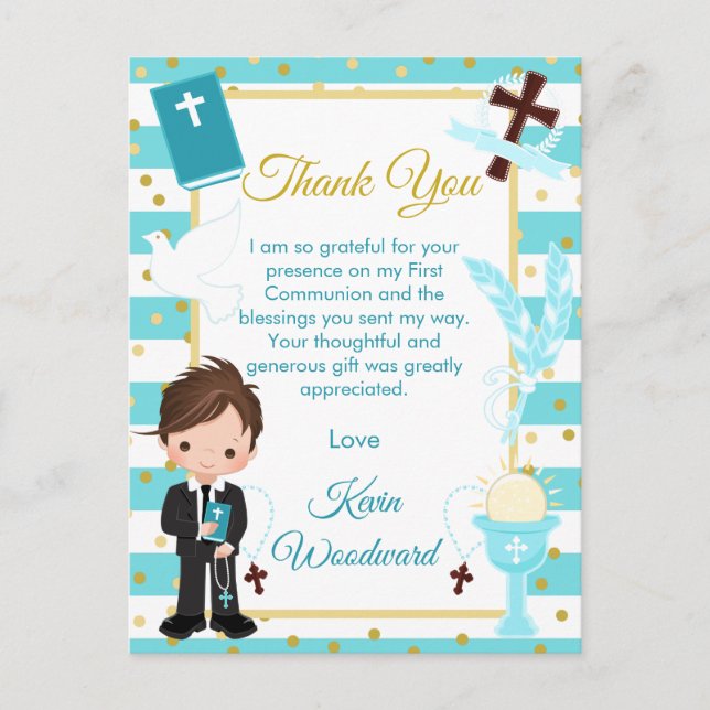 Blue Brunette Boy First Communion Thank You Postcard (Front)
