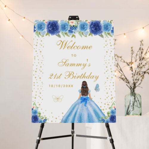 Blue Brunette Hair Girl Birthday Party Welcome Foam Board