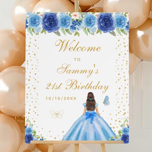 Blue Brunette Hair Girl Birthday Party Welcome Foam Board